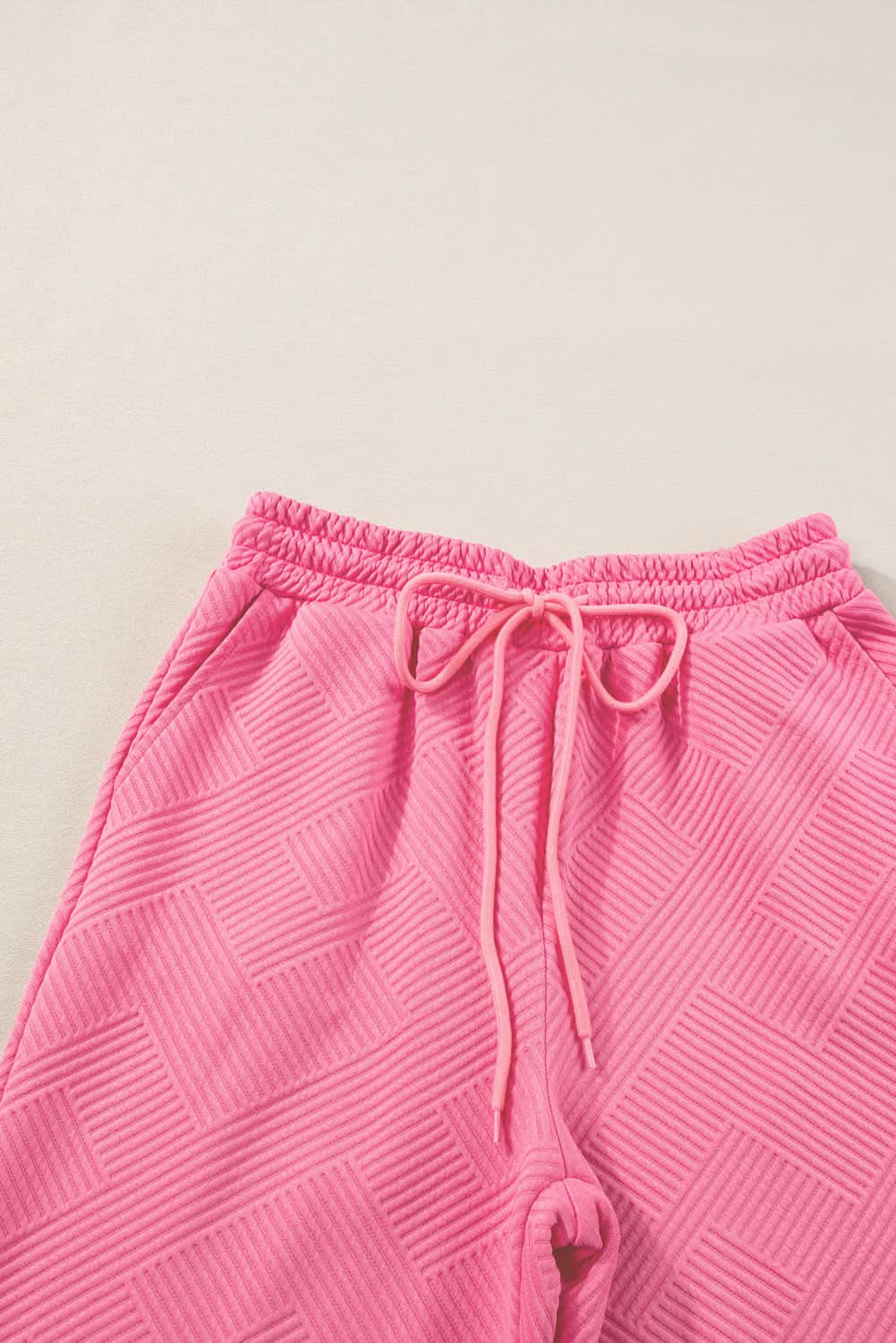 Strawberry Pink Textured Loose Fit T Shirt and Drawstring Pants Set - Love Salve